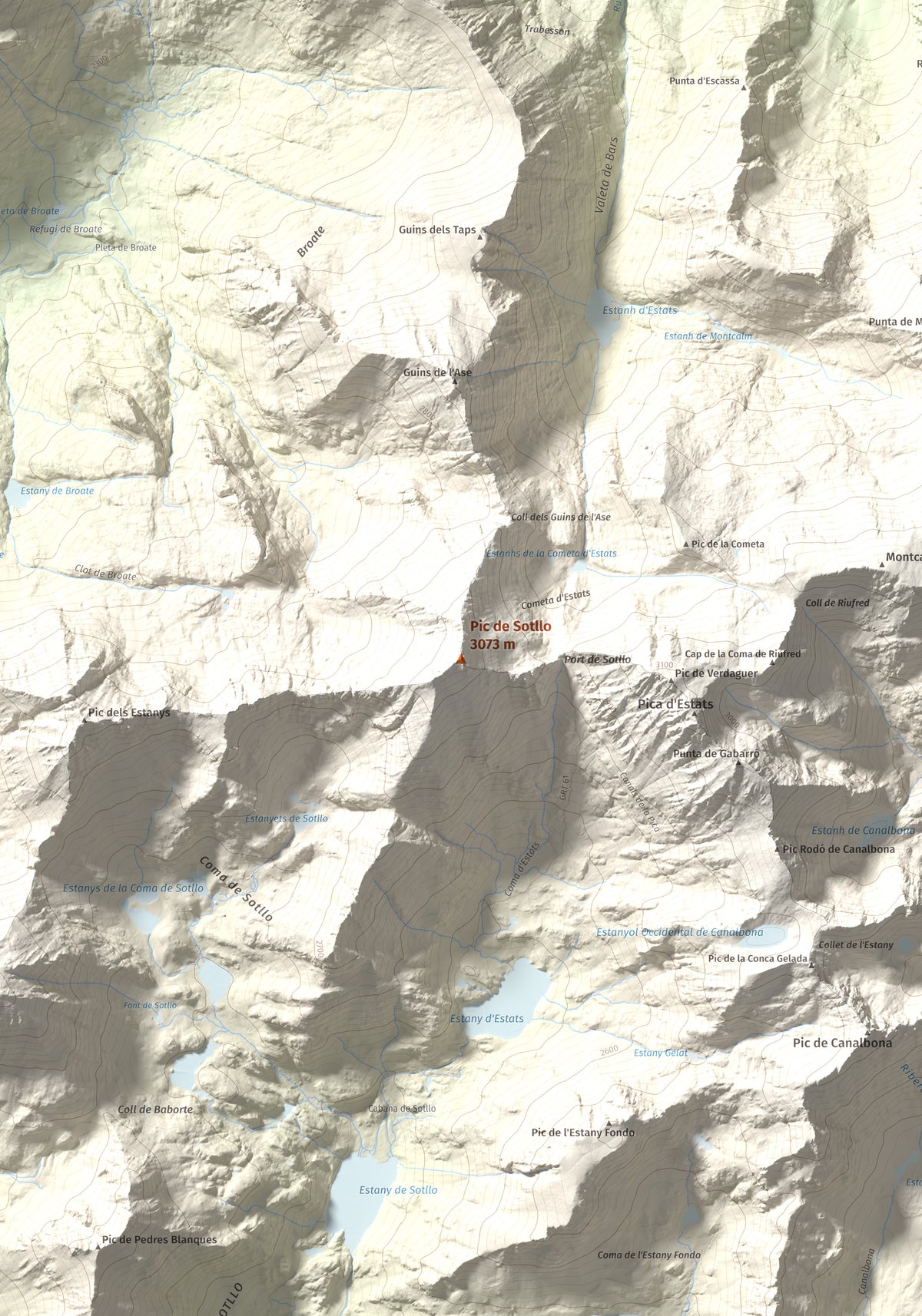 Mapa de relieve de Pic de Sotllo, 3073 m, Pallars Sobirà, lámina 100 Cims de Trobart. Detalle de la zona central. 70 × 100 cm.