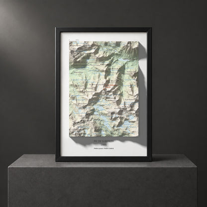 Mapa de relieve de Pic de Subenuix, 2950 m, Pallars Jussà · Pallars Sobirà, lámina 100 Cims de Trobart. Presentación enmarcada. 21 × 30 cm.