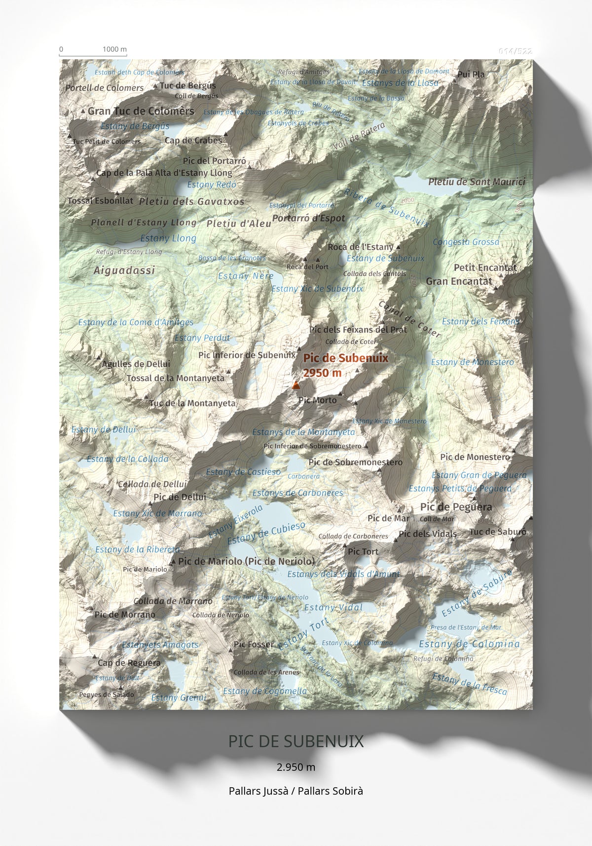 Mapa de relieve de Pic de Subenuix, 2950 m, Pallars Jussà · Pallars Sobirà, lámina 100 Cims de Trobart 21 × 30 cm.