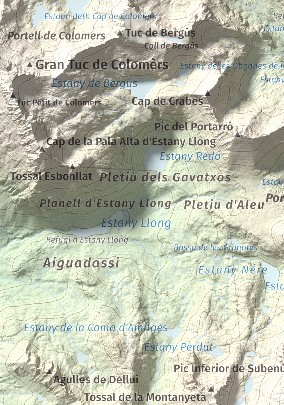 Mapa de relieve de Pic de Subenuix, 2950 m, Pallars Jussà · Pallars Sobirà, lámina 100 Cims de Trobart. Detalle de la zona superior izquierda. 21 × 30 cm.