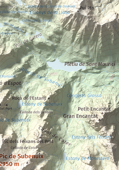 Mapa de relieve de Pic de Subenuix, 2950 m, Pallars Jussà · Pallars Sobirà, lámina 100 Cims de Trobart. Detalle de la zona superior derecha. 21 × 30 cm.