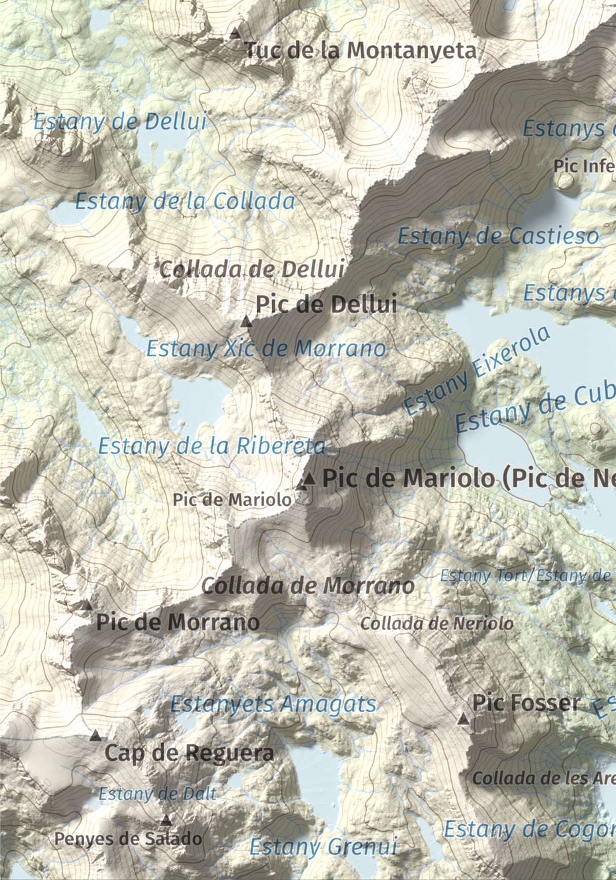 Mapa de relieve de Pic de Subenuix, 2950 m, Pallars Jussà · Pallars Sobirà, lámina 100 Cims de Trobart. Detalle de la zona inferior izquierda. 21 × 30 cm.