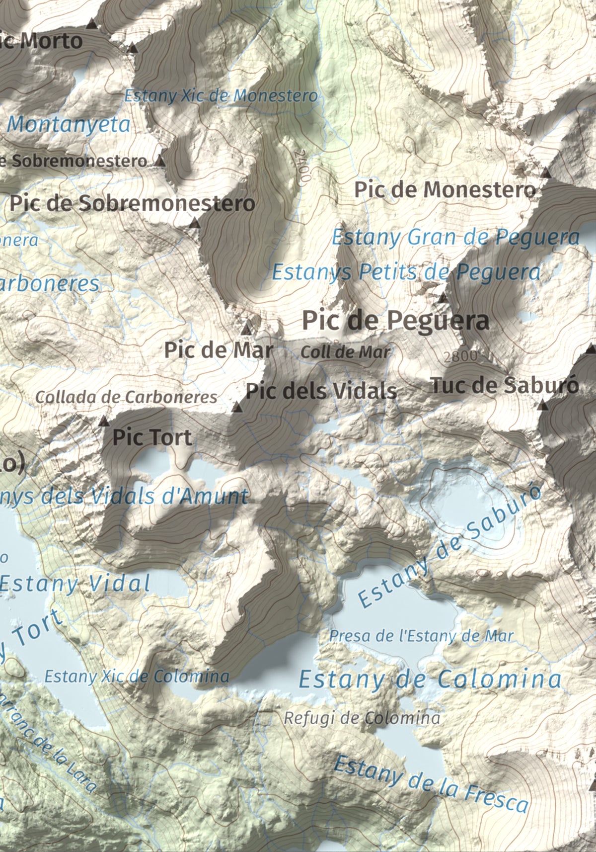 Mapa de relieve de Pic de Subenuix, 2950 m, Pallars Jussà · Pallars Sobirà, lámina 100 Cims de Trobart. Detalle de la zona inferior derecha. 21 × 30 cm.