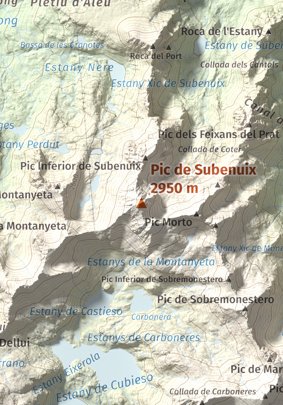 Mapa de relieve de Pic de Subenuix, 2950 m, Pallars Jussà · Pallars Sobirà, lámina 100 Cims de Trobart. Detalle de la zona central. 21 × 30 cm.