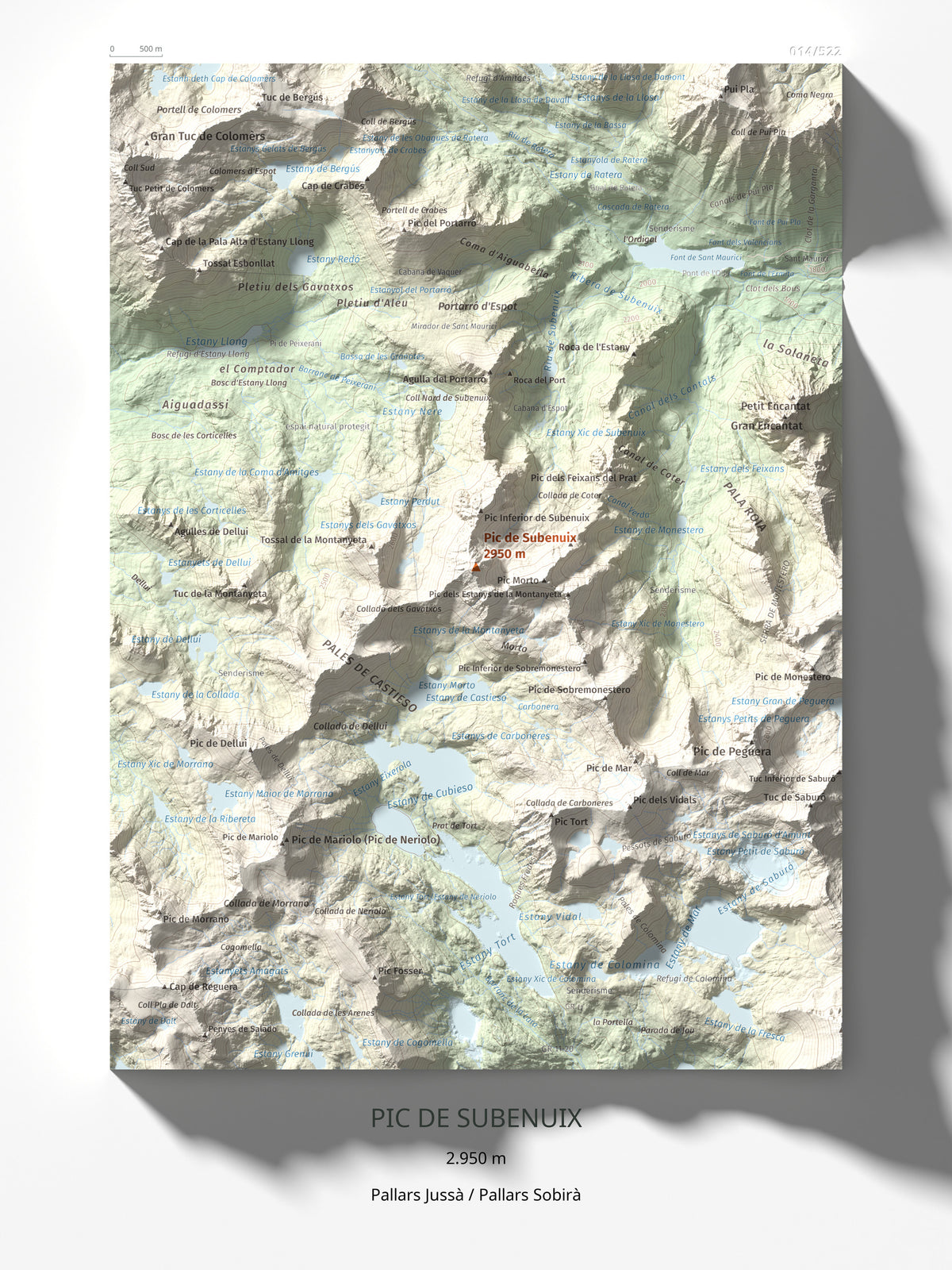 Mapa de relieve de Pic de Subenuix, 2950 m, Pallars Jussà · Pallars Sobirà, lámina 100 Cims de Trobart 30 × 40 cm.