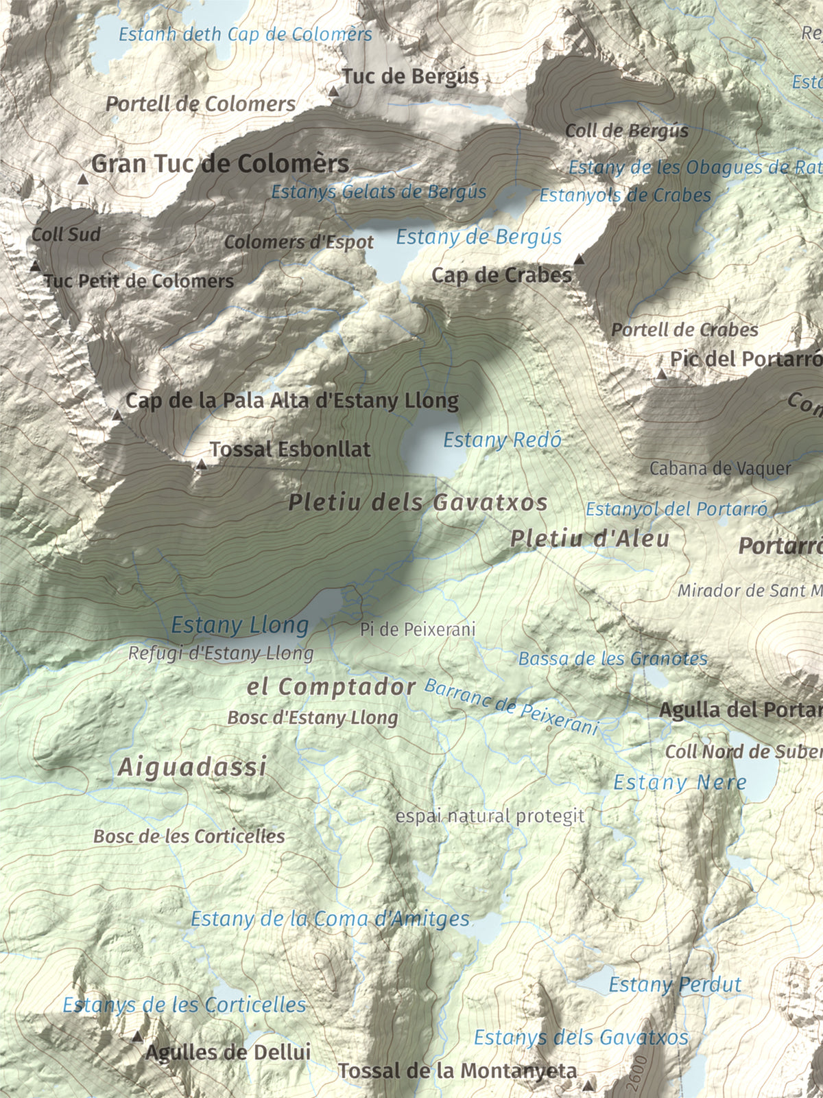 Mapa de relieve de Pic de Subenuix, 2950 m, Pallars Jussà · Pallars Sobirà, lámina 100 Cims de Trobart. Detalle de la zona superior izquierda. 30 × 40 cm.