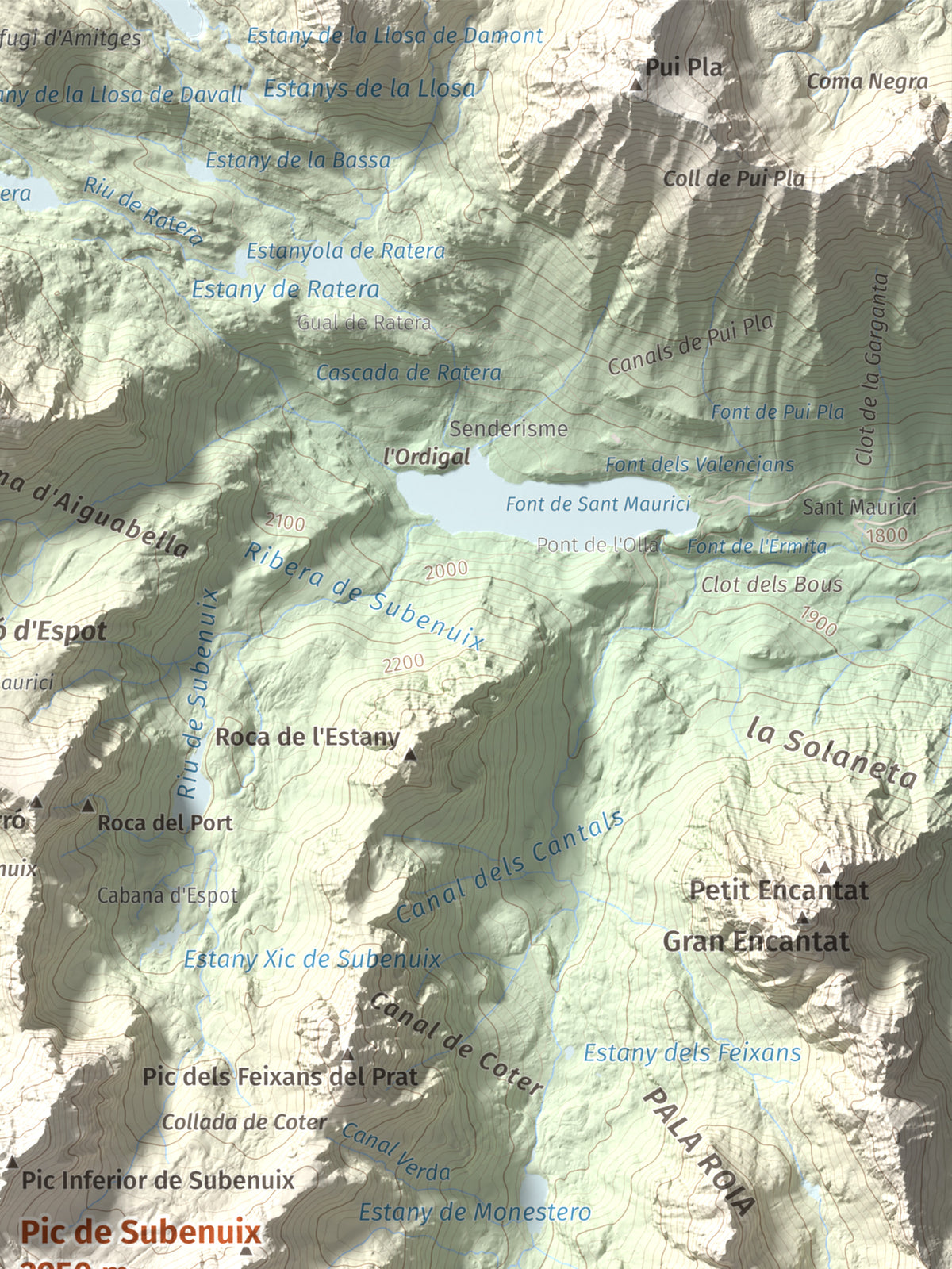 Mapa de relieve de Pic de Subenuix, 2950 m, Pallars Jussà · Pallars Sobirà, lámina 100 Cims de Trobart. Detalle de la zona superior derecha. 30 × 40 cm.
