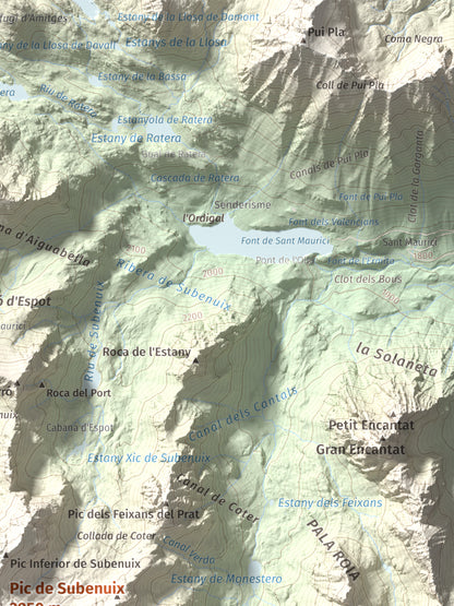 Mapa de relieve de Pic de Subenuix, 2950 m, Pallars Jussà · Pallars Sobirà, lámina 100 Cims de Trobart. Detalle de la zona superior derecha. 30 × 40 cm.