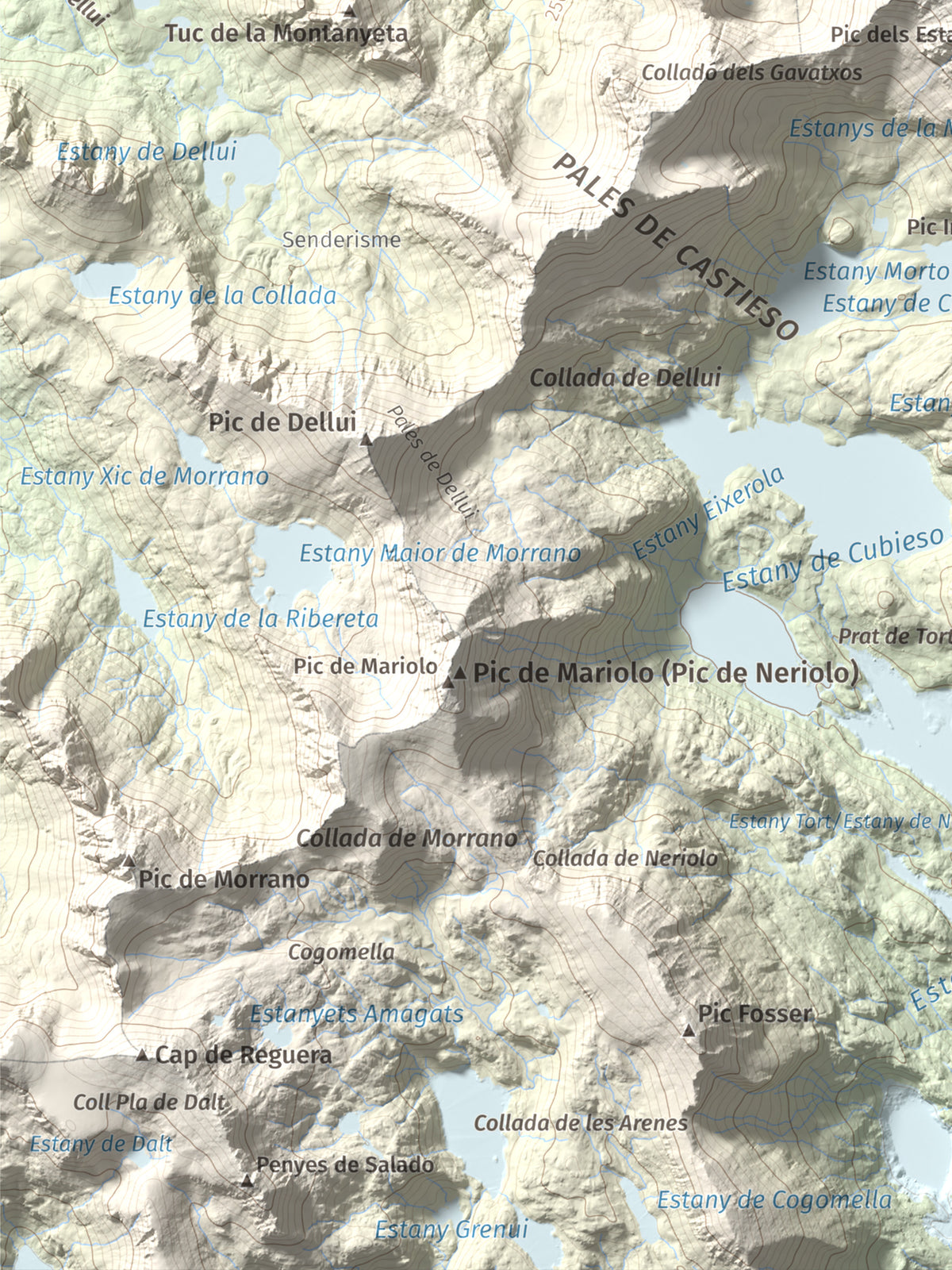 Mapa de relieve de Pic de Subenuix, 2950 m, Pallars Jussà · Pallars Sobirà, lámina 100 Cims de Trobart. Detalle de la zona inferior izquierda. 30 × 40 cm.