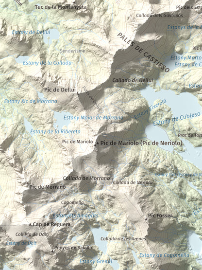Mapa de relieve de Pic de Subenuix, 2950 m, Pallars Jussà · Pallars Sobirà, lámina 100 Cims de Trobart. Detalle de la zona inferior izquierda. 30 × 40 cm.