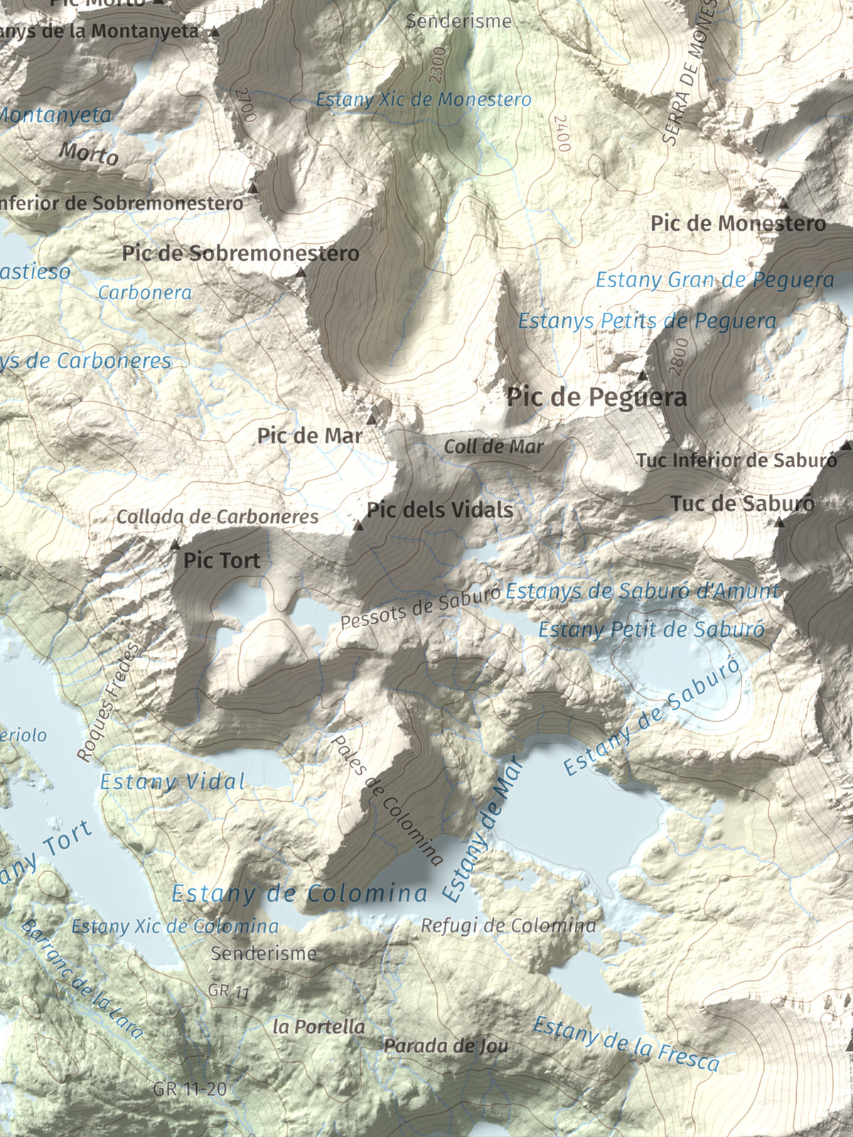 Mapa de relieve de Pic de Subenuix, 2950 m, Pallars Jussà · Pallars Sobirà, lámina 100 Cims de Trobart. Detalle de la zona inferior derecha. 30 × 40 cm.