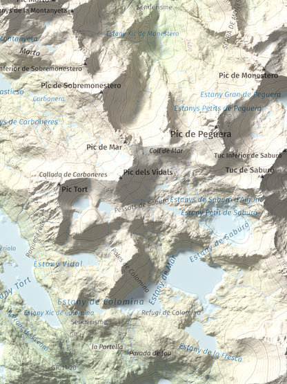 Mapa de relieve de Pic de Subenuix, 2950 m, Pallars Jussà · Pallars Sobirà, lámina 100 Cims de Trobart. Detalle de la zona inferior derecha. 30 × 40 cm.