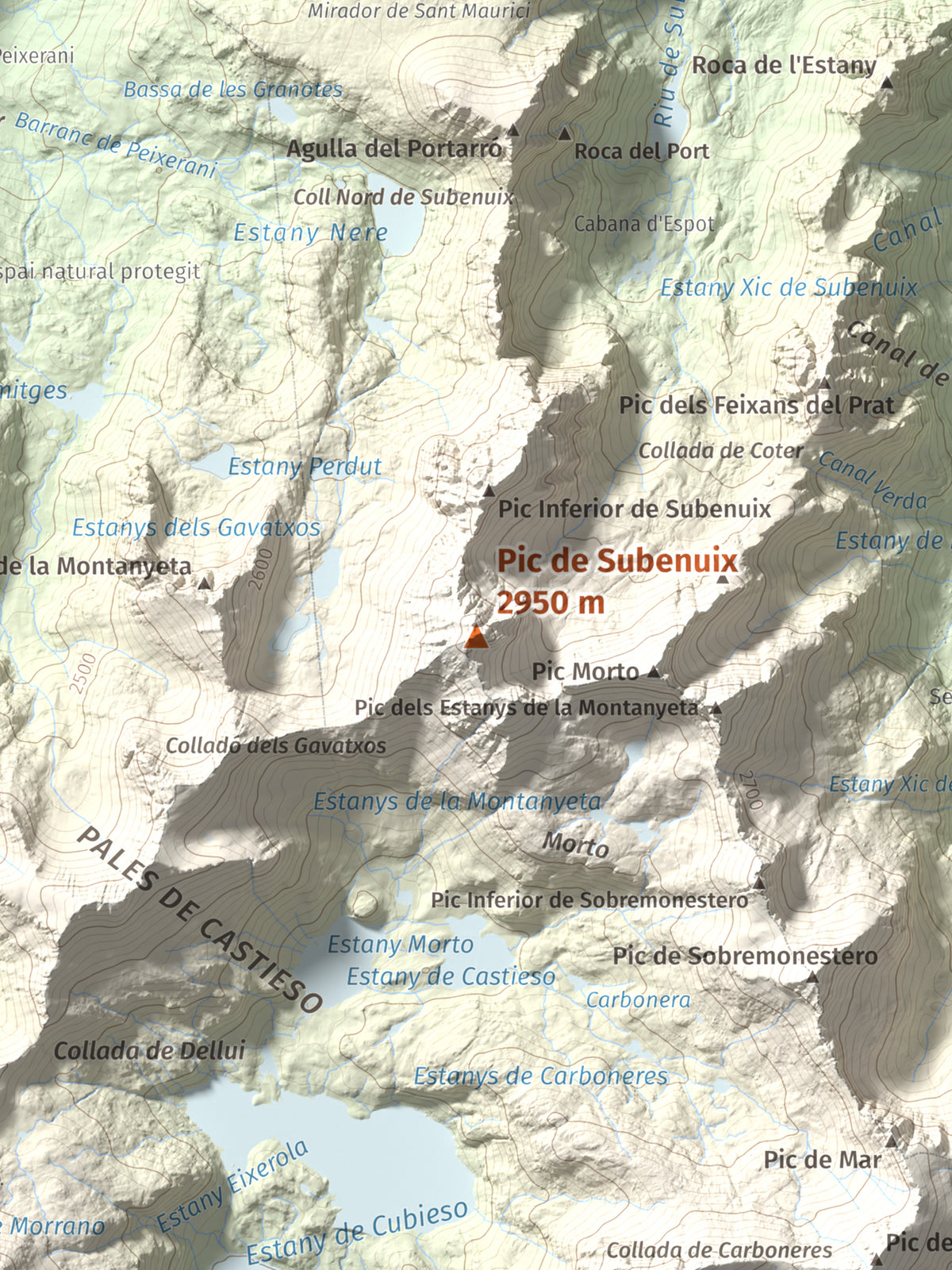 Mapa de relieve de Pic de Subenuix, 2950 m, Pallars Jussà · Pallars Sobirà, lámina 100 Cims de Trobart. Detalle de la zona central. 30 × 40 cm.