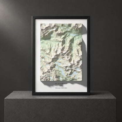 Mapa de relieve de Pic de Subenuix, 2950 m, Pallars Jussà · Pallars Sobirà, lámina 100 Cims de Trobart. Presentación enmarcada. 50 × 70 cm.