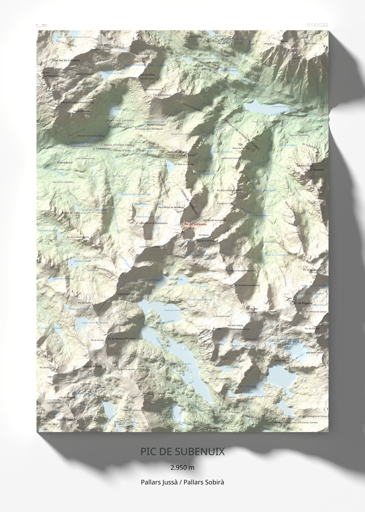 Mapa de relieve de Pic de Subenuix, 2950 m, Pallars Jussà · Pallars Sobirà, lámina 100 Cims de Trobart 50 × 70 cm.