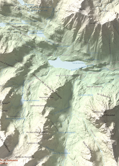 Mapa de relieve de Pic de Subenuix, 2950 m, Pallars Jussà · Pallars Sobirà, lámina 100 Cims de Trobart. Detalle de la zona superior derecha. 50 × 70 cm.