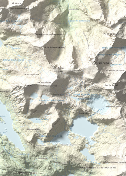 Mapa de relieve de Pic de Subenuix, 2950 m, Pallars Jussà · Pallars Sobirà, lámina 100 Cims de Trobart. Detalle de la zona inferior derecha. 50 × 70 cm.