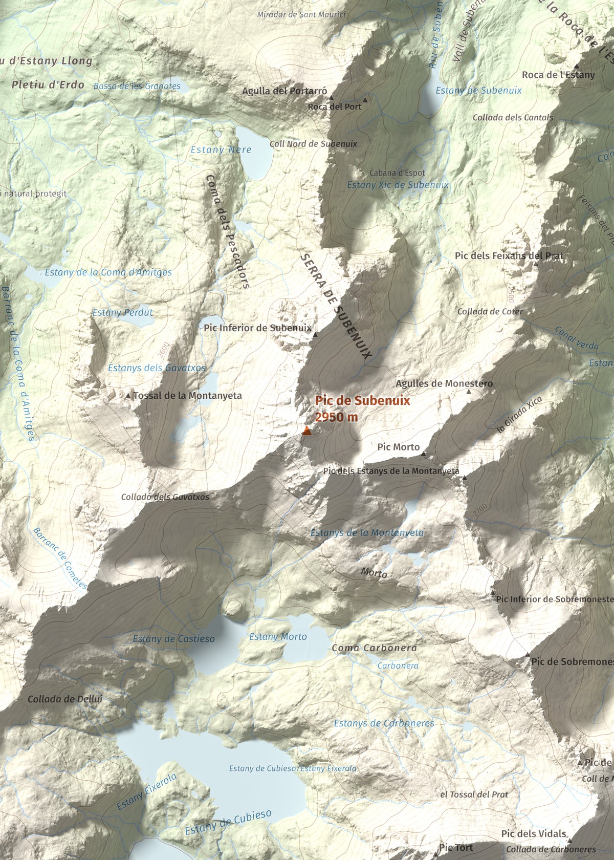Mapa de relieve de Pic de Subenuix, 2950 m, Pallars Jussà · Pallars Sobirà, lámina 100 Cims de Trobart. Detalle de la zona central. 50 × 70 cm.