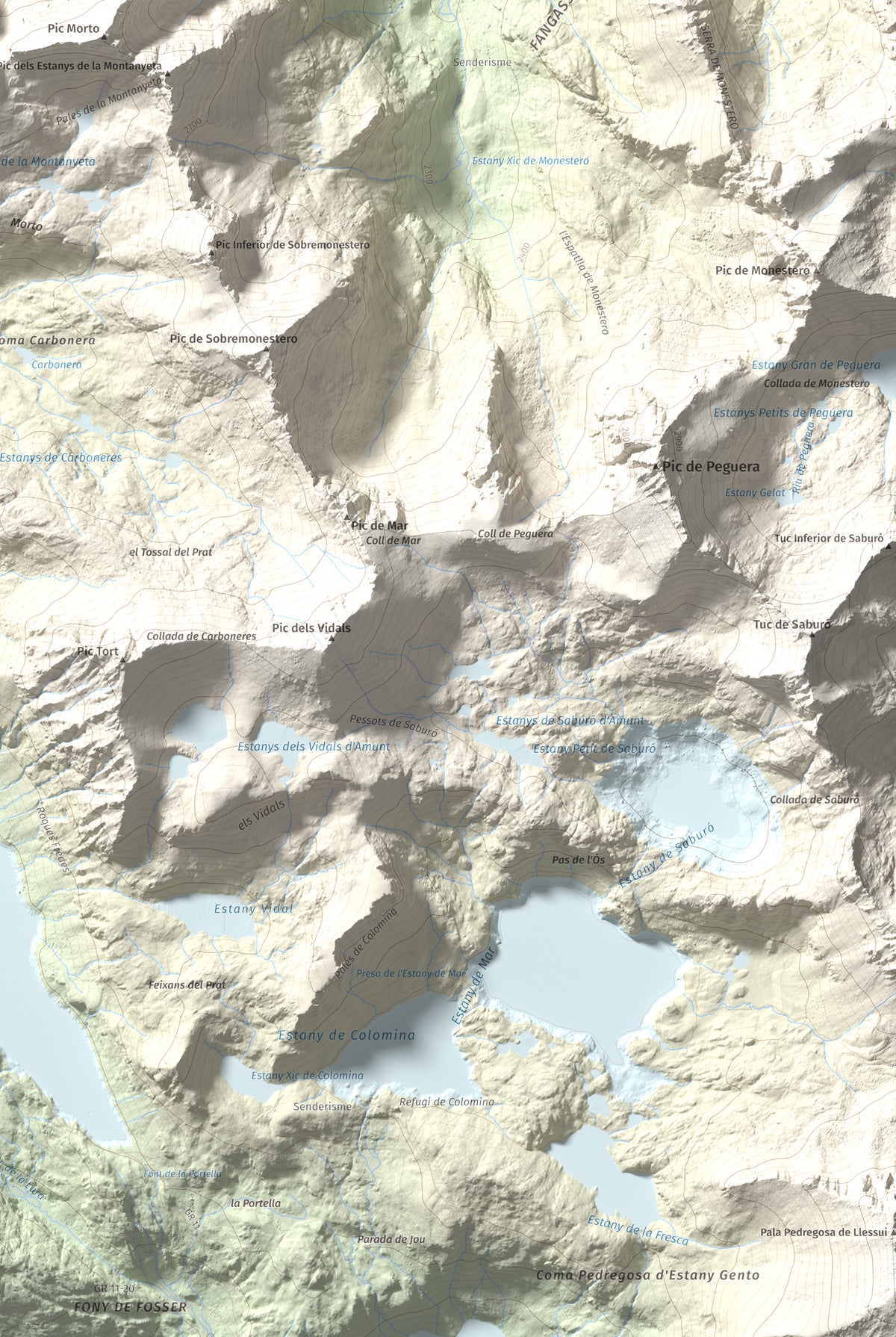 Mapa de relieve de Pic de Subenuix, 2950 m, Pallars Jussà · Pallars Sobirà, lámina 100 Cims de Trobart. Detalle de la zona inferior derecha. 61 × 91 cm.