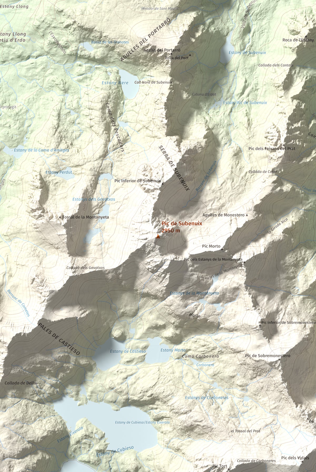 Mapa de relieve de Pic de Subenuix, 2950 m, Pallars Jussà · Pallars Sobirà, lámina 100 Cims de Trobart. Detalle de la zona central. 61 × 91 cm.