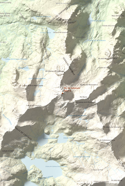 Mapa de relieve de Pic de Subenuix, 2950 m, Pallars Jussà · Pallars Sobirà, lámina 100 Cims de Trobart. Detalle de la zona central. 61 × 91 cm.