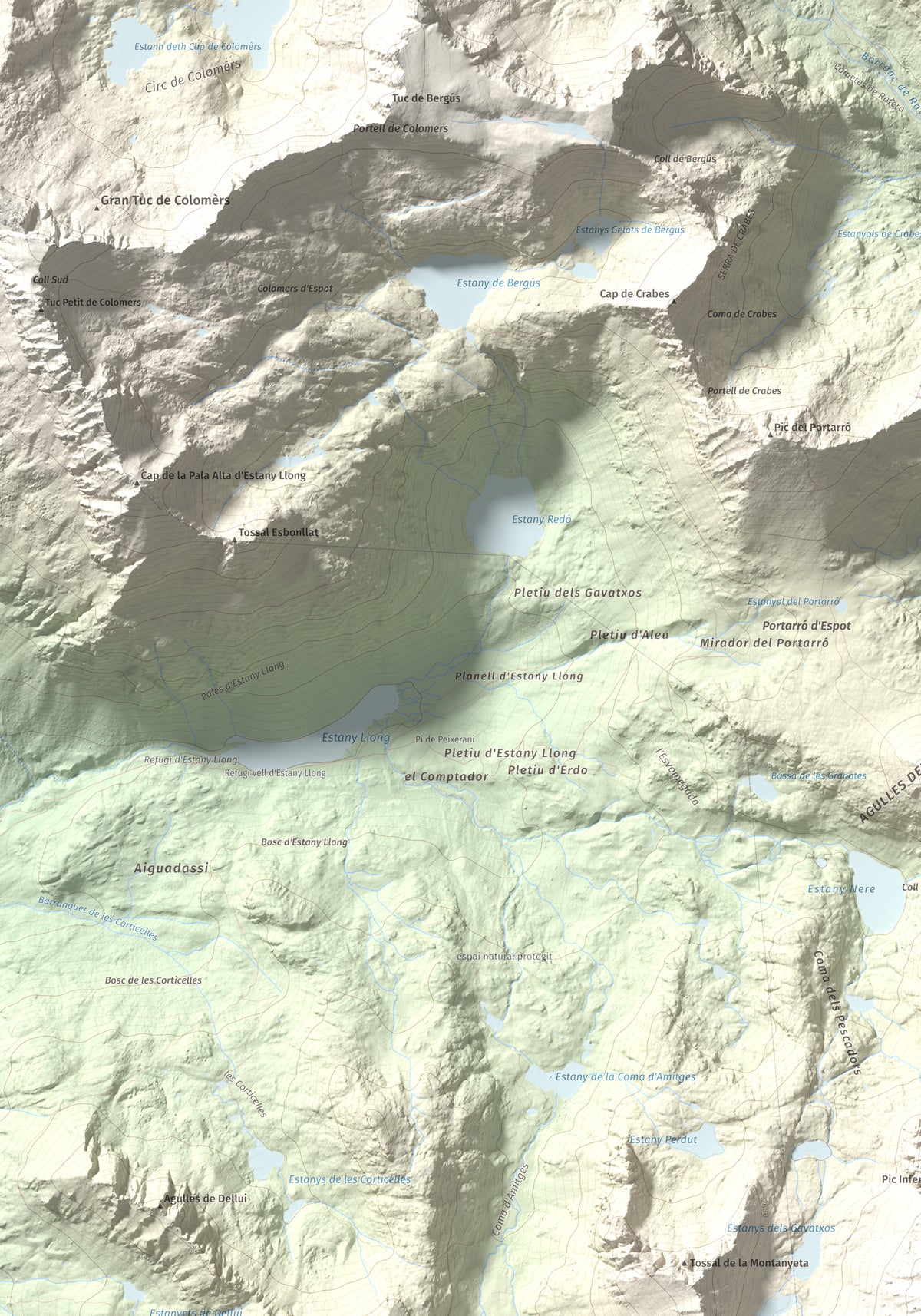 Mapa de relieve de Pic de Subenuix, 2950 m, Pallars Jussà · Pallars Sobirà, lámina 100 Cims de Trobart. Detalle de la zona superior izquierda. 70 × 100 cm.