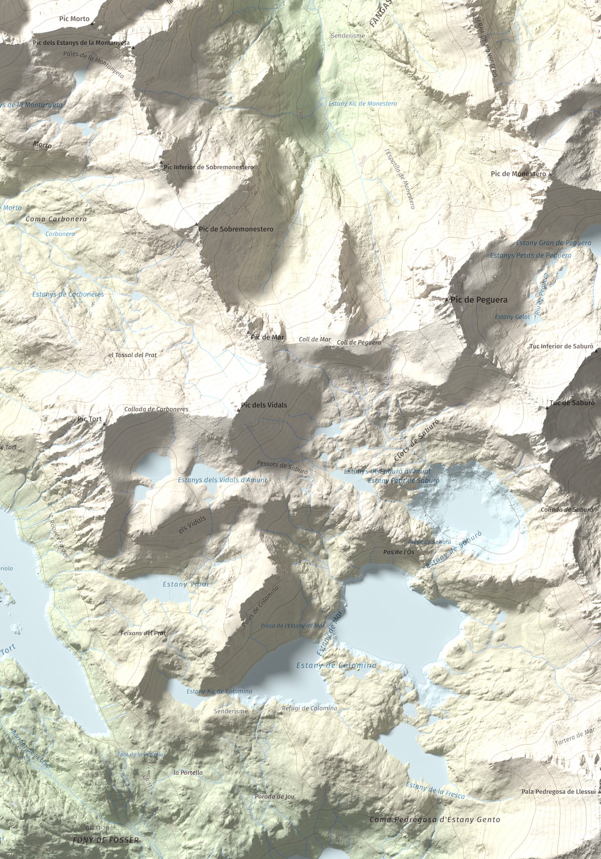 Mapa de relieve de Pic de Subenuix, 2950 m, Pallars Jussà · Pallars Sobirà, lámina 100 Cims de Trobart. Detalle de la zona inferior derecha. 70 × 100 cm.