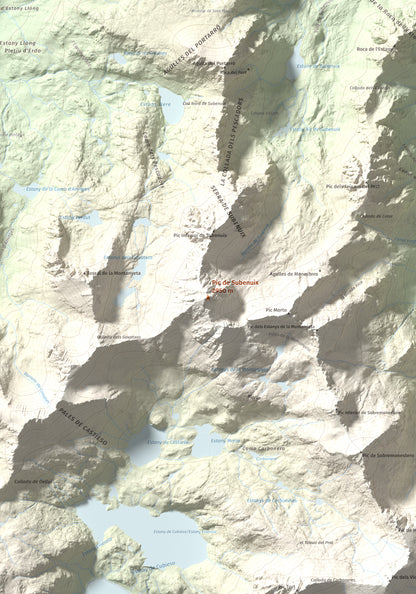 Mapa de relieve de Pic de Subenuix, 2950 m, Pallars Jussà · Pallars Sobirà, lámina 100 Cims de Trobart. Detalle de la zona central. 70 × 100 cm.