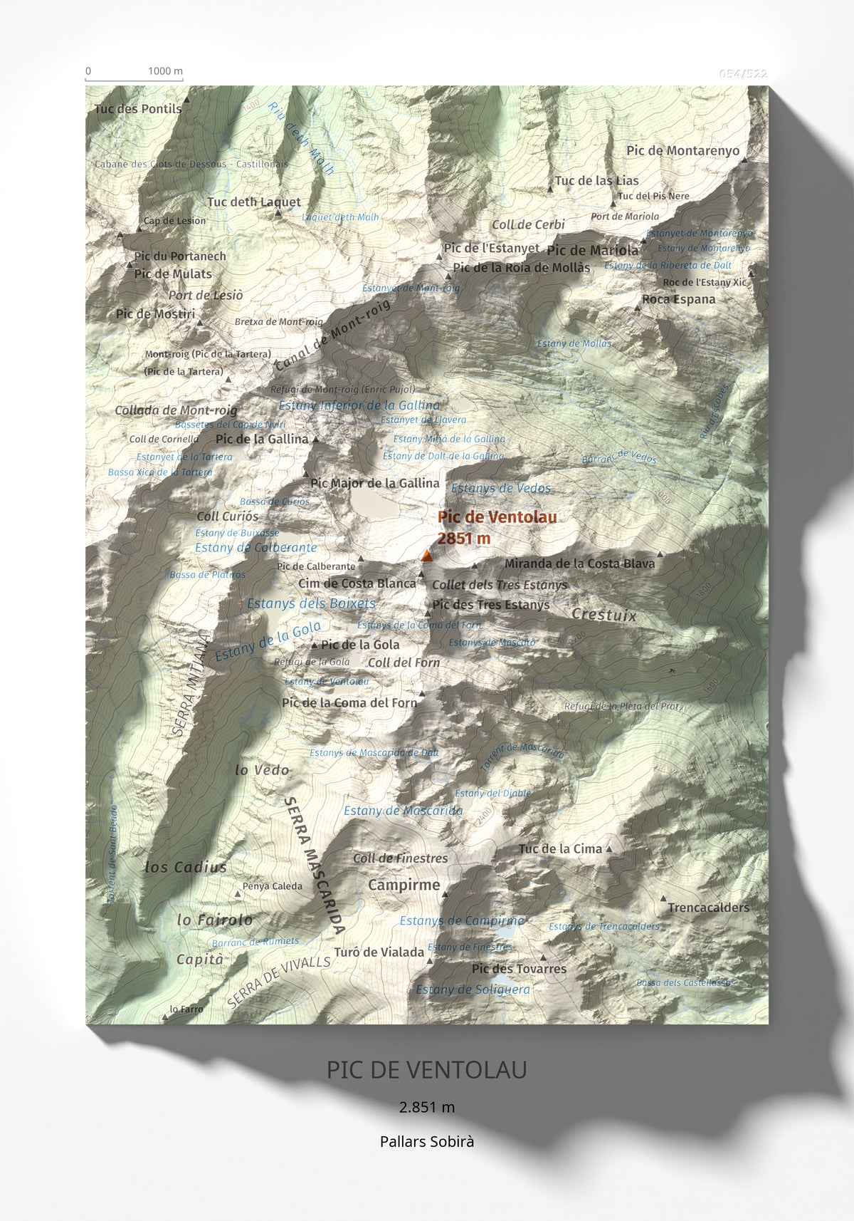 Mapa de relieve de Pic de Ventolau, 2851 m, Pallars Sobirà, lámina 100 Cims de Trobart 21 × 30 cm.