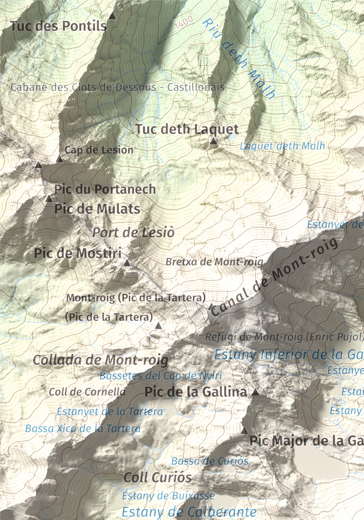 Mapa de relieve de Pic de Ventolau, 2851 m, Pallars Sobirà, lámina 100 Cims de Trobart. Detalle de la zona superior izquierda. 21 × 30 cm.