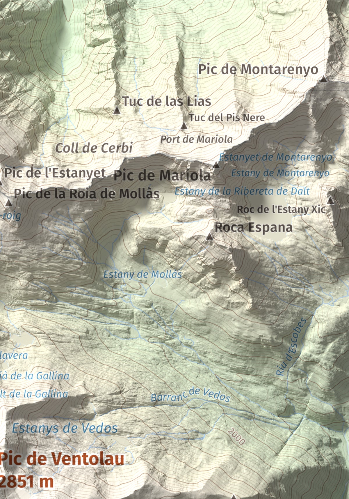 Mapa de relieve de Pic de Ventolau, 2851 m, Pallars Sobirà, lámina 100 Cims de Trobart. Detalle de la zona superior derecha. 21 × 30 cm.