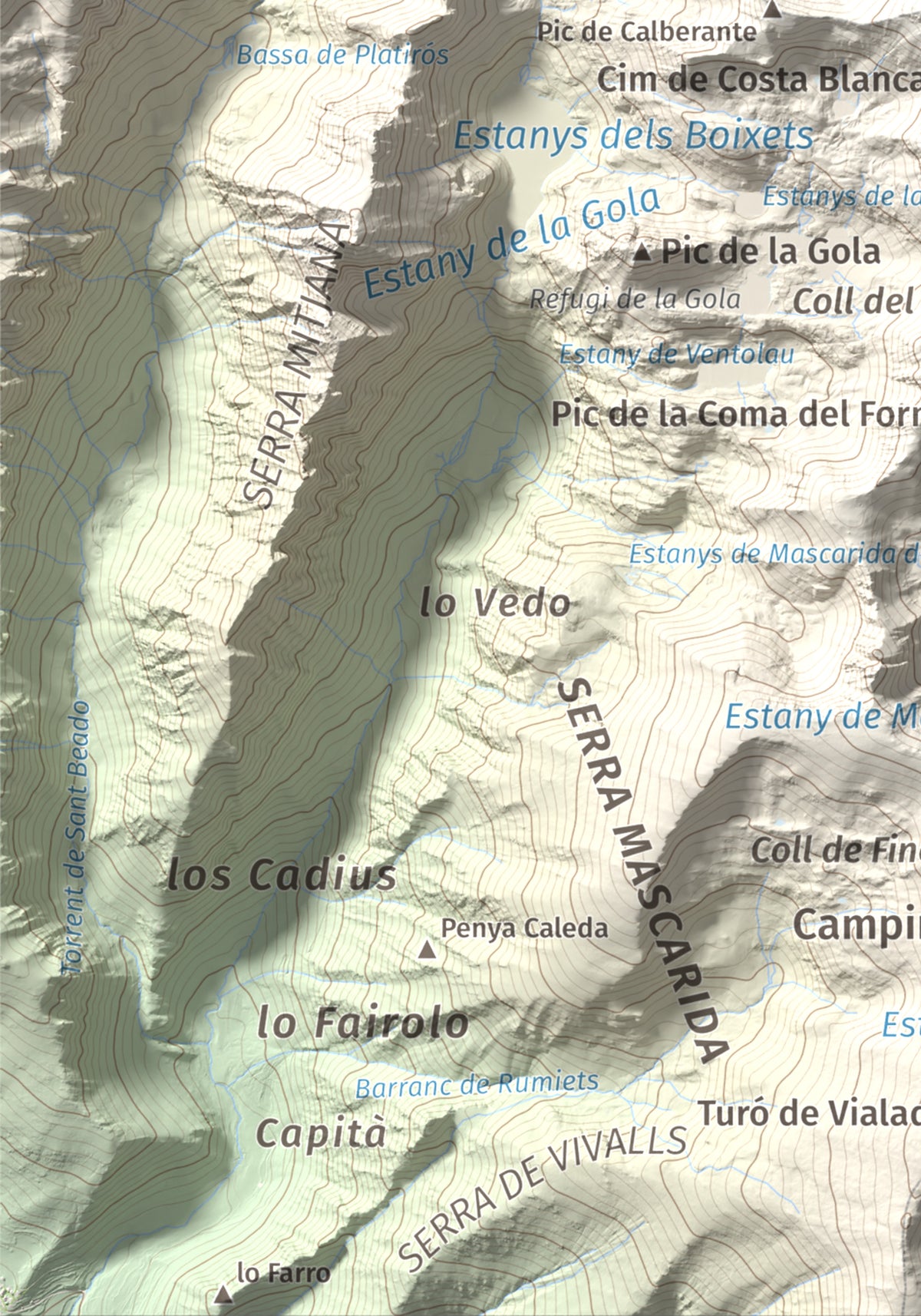 Mapa de relieve de Pic de Ventolau, 2851 m, Pallars Sobirà, lámina 100 Cims de Trobart. Detalle de la zona inferior izquierda. 21 × 30 cm.