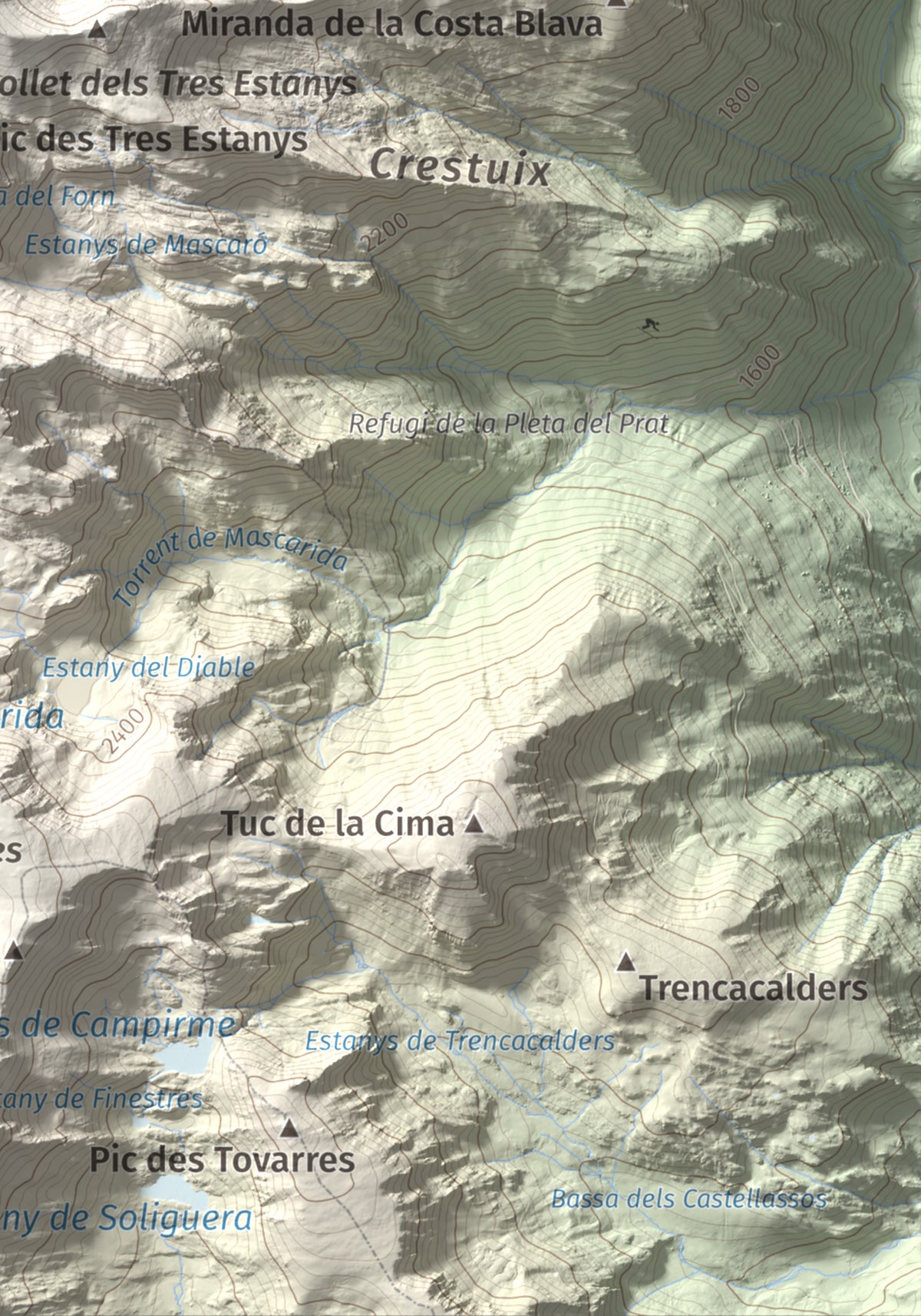 Mapa de relieve de Pic de Ventolau, 2851 m, Pallars Sobirà, lámina 100 Cims de Trobart. Detalle de la zona inferior derecha. 21 × 30 cm.