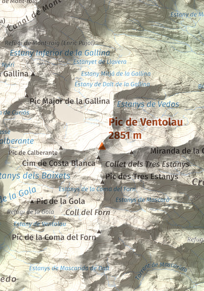 Mapa de relieve de Pic de Ventolau, 2851 m, Pallars Sobirà, lámina 100 Cims de Trobart. Detalle de la zona central. 21 × 30 cm.