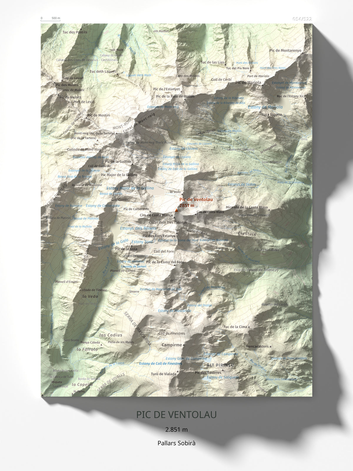 Mapa de relieve de Pic de Ventolau, 2851 m, Pallars Sobirà, lámina 100 Cims de Trobart 30 × 40 cm.
