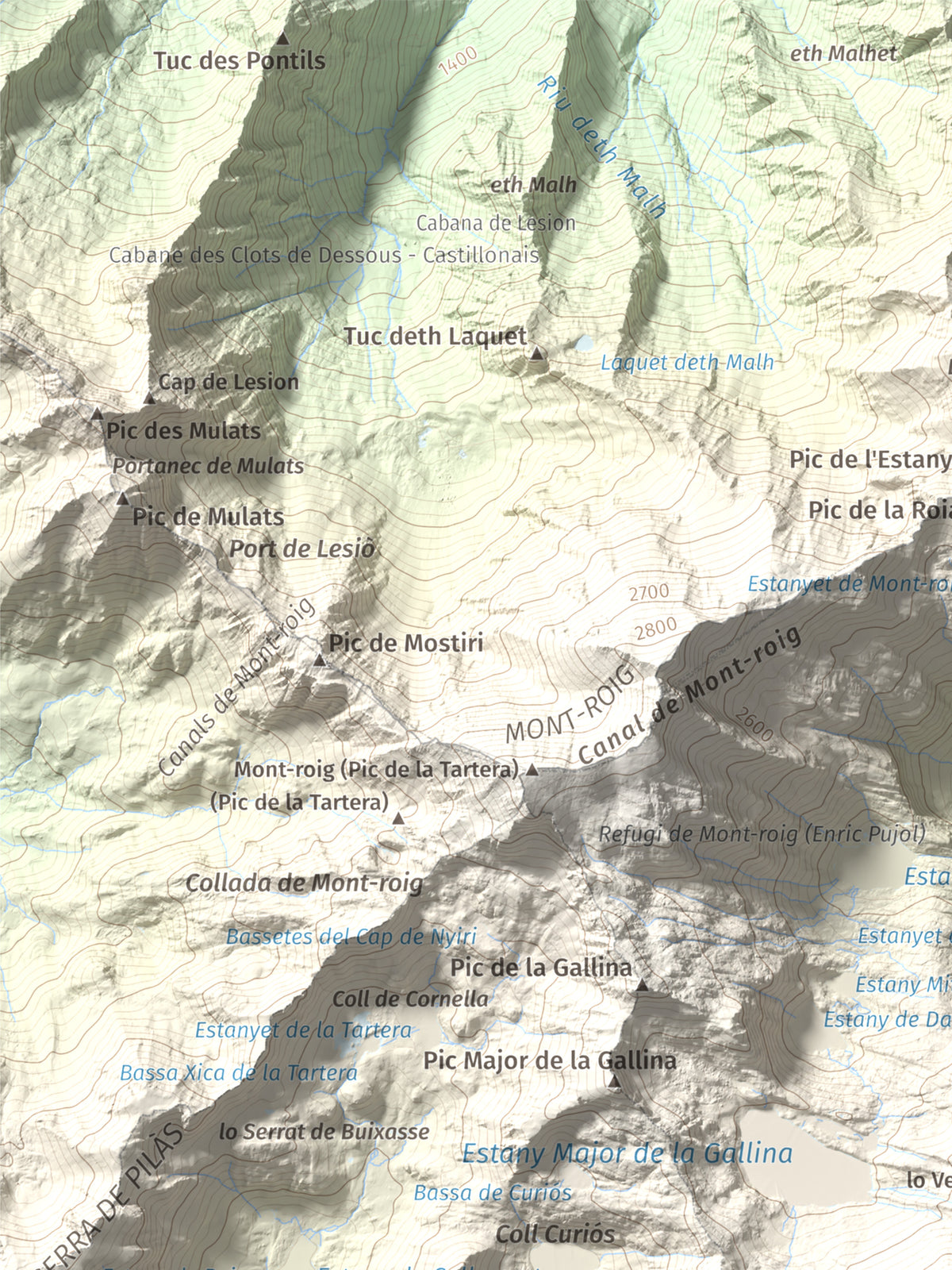 Mapa de relieve de Pic de Ventolau, 2851 m, Pallars Sobirà, lámina 100 Cims de Trobart. Detalle de la zona superior izquierda. 30 × 40 cm.