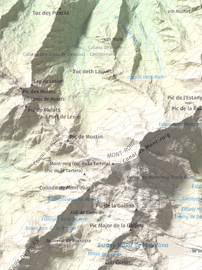 Mapa de relieve de Pic de Ventolau, 2851 m, Pallars Sobirà, lámina 100 Cims de Trobart. Detalle de la zona superior izquierda. 30 × 40 cm.