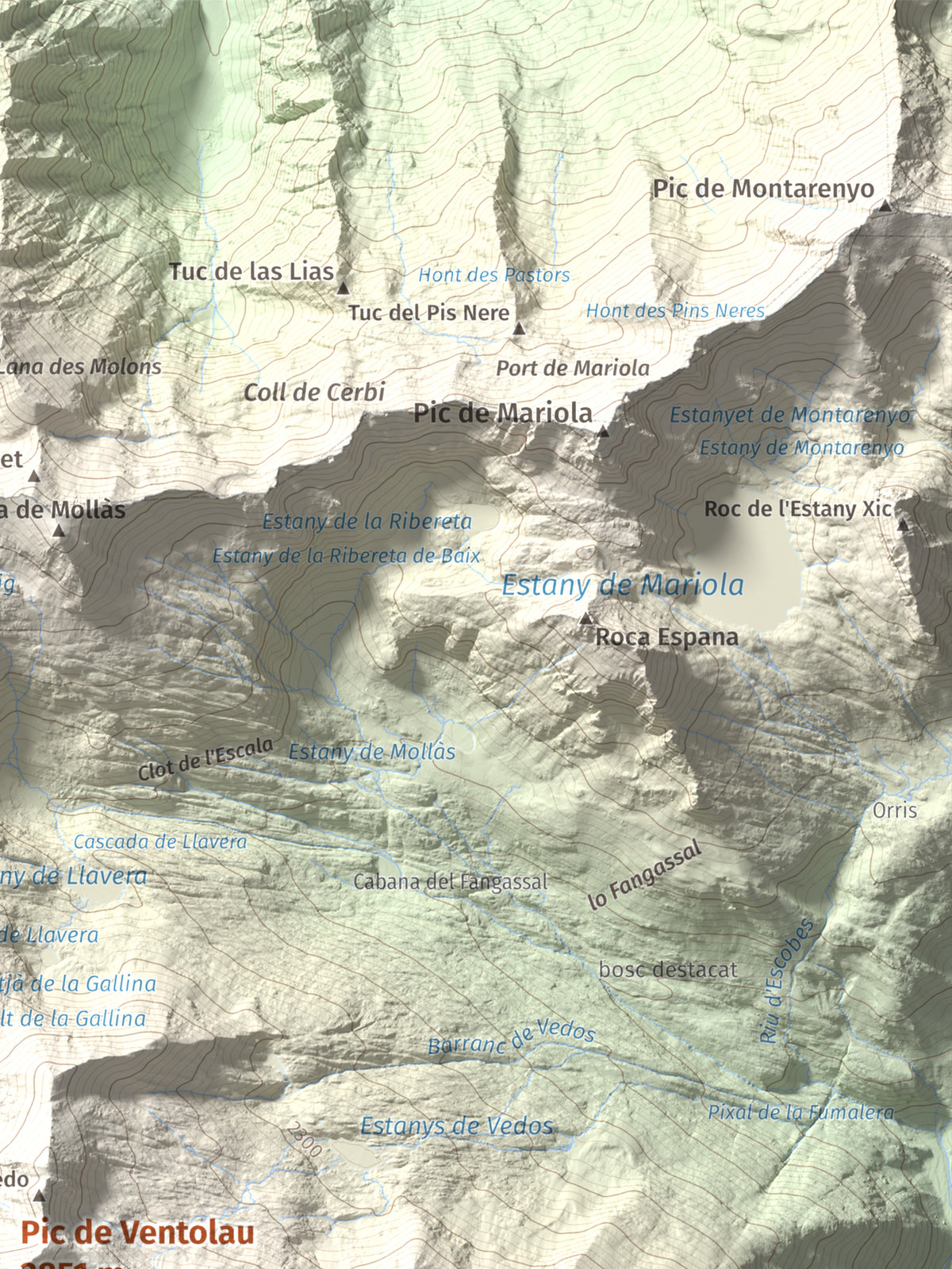Mapa de relieve de Pic de Ventolau, 2851 m, Pallars Sobirà, lámina 100 Cims de Trobart. Detalle de la zona superior derecha. 30 × 40 cm.