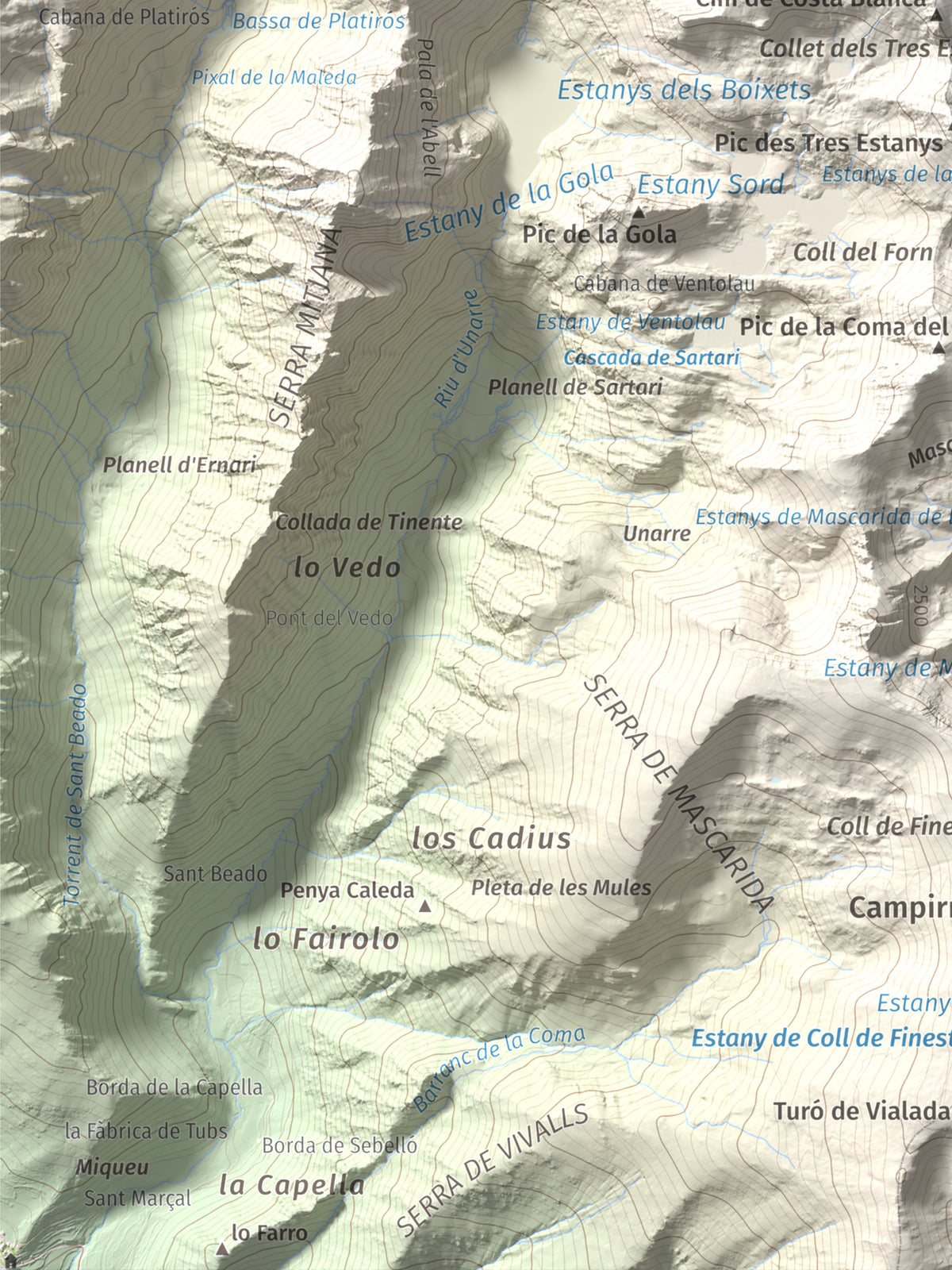 Mapa de relieve de Pic de Ventolau, 2851 m, Pallars Sobirà, lámina 100 Cims de Trobart. Detalle de la zona inferior izquierda. 30 × 40 cm.