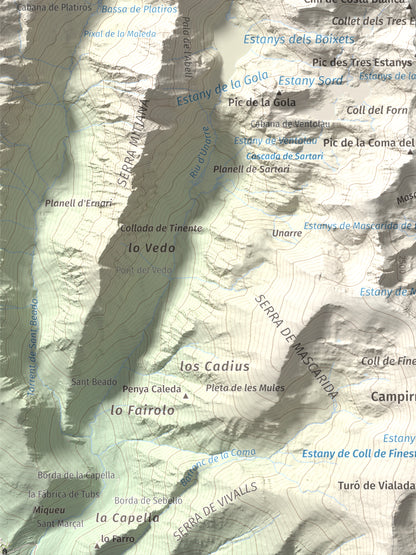 Mapa de relieve de Pic de Ventolau, 2851 m, Pallars Sobirà, lámina 100 Cims de Trobart. Detalle de la zona inferior izquierda. 30 × 40 cm.