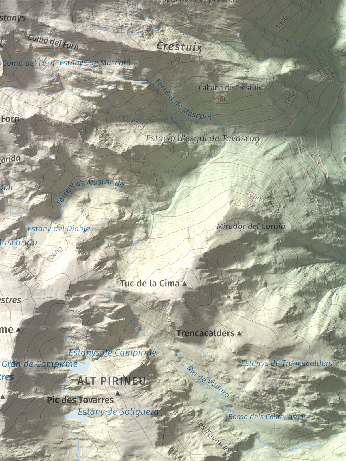 Mapa de relieve de Pic de Ventolau, 2851 m, Pallars Sobirà, lámina 100 Cims de Trobart. Detalle de la zona inferior derecha. 30 × 40 cm.