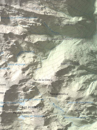 Mapa de relieve de Pic de Ventolau, 2851 m, Pallars Sobirà, lámina 100 Cims de Trobart. Detalle de la zona inferior derecha. 30 × 40 cm.