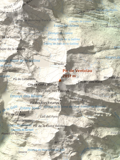Mapa de relieve de Pic de Ventolau, 2851 m, Pallars Sobirà, lámina 100 Cims de Trobart. Detalle de la zona central. 30 × 40 cm.
