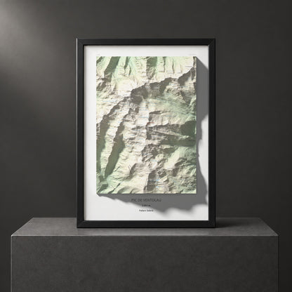 Mapa de relieve de Pic de Ventolau, 2851 m, Pallars Sobirà, lámina 100 Cims de Trobart. Presentación enmarcada. 50 × 70 cm.