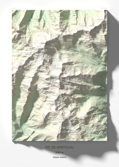 Mapa de relieve de Pic de Ventolau, 2851 m, Pallars Sobirà, lámina 100 Cims de Trobart 50 × 70 cm.