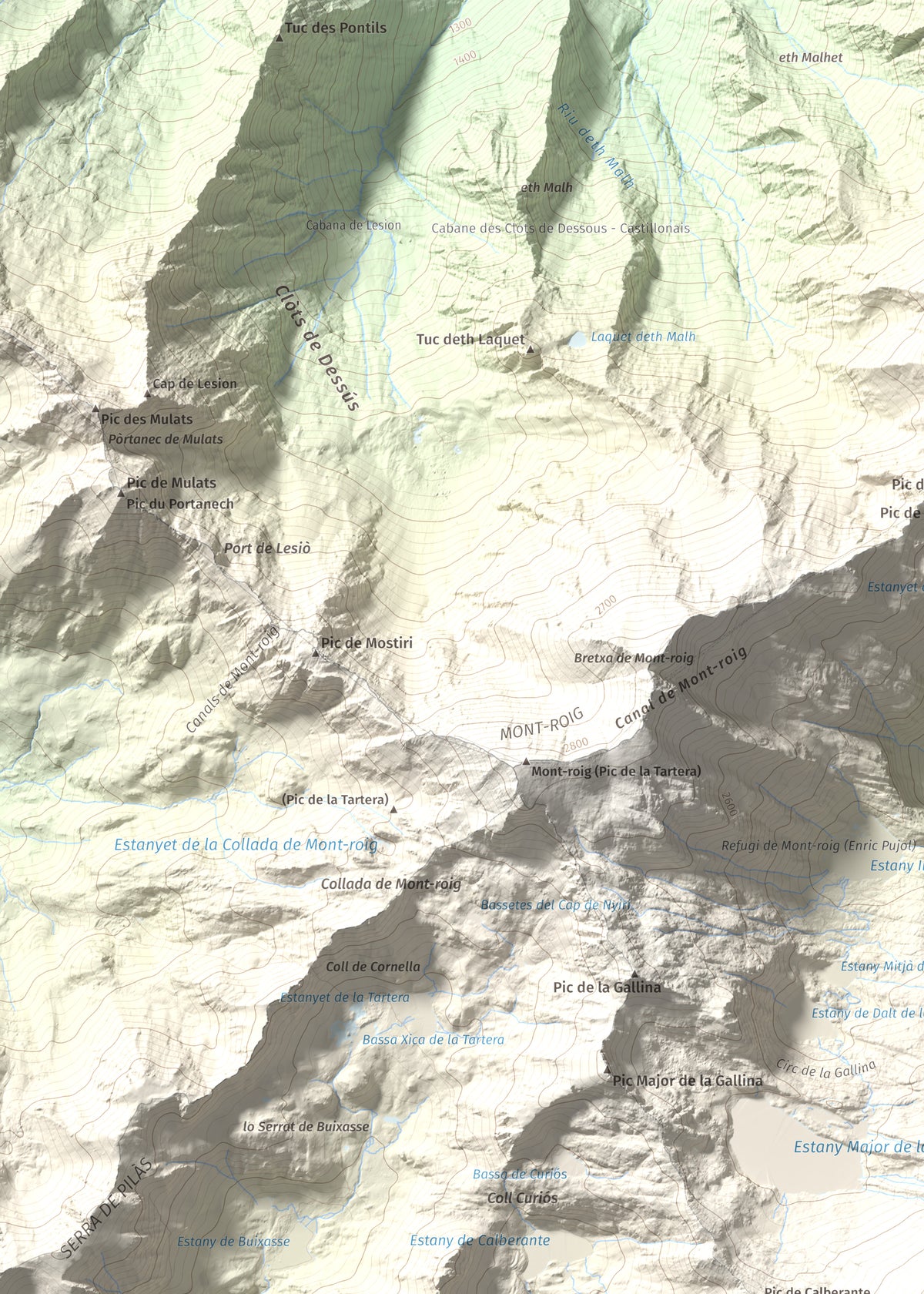 Mapa de relieve de Pic de Ventolau, 2851 m, Pallars Sobirà, lámina 100 Cims de Trobart. Detalle de la zona superior izquierda. 50 × 70 cm.