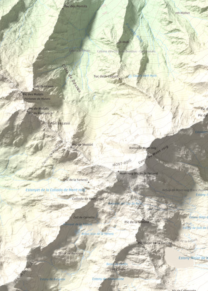 Mapa de relieve de Pic de Ventolau, 2851 m, Pallars Sobirà, lámina 100 Cims de Trobart. Detalle de la zona superior izquierda. 50 × 70 cm.