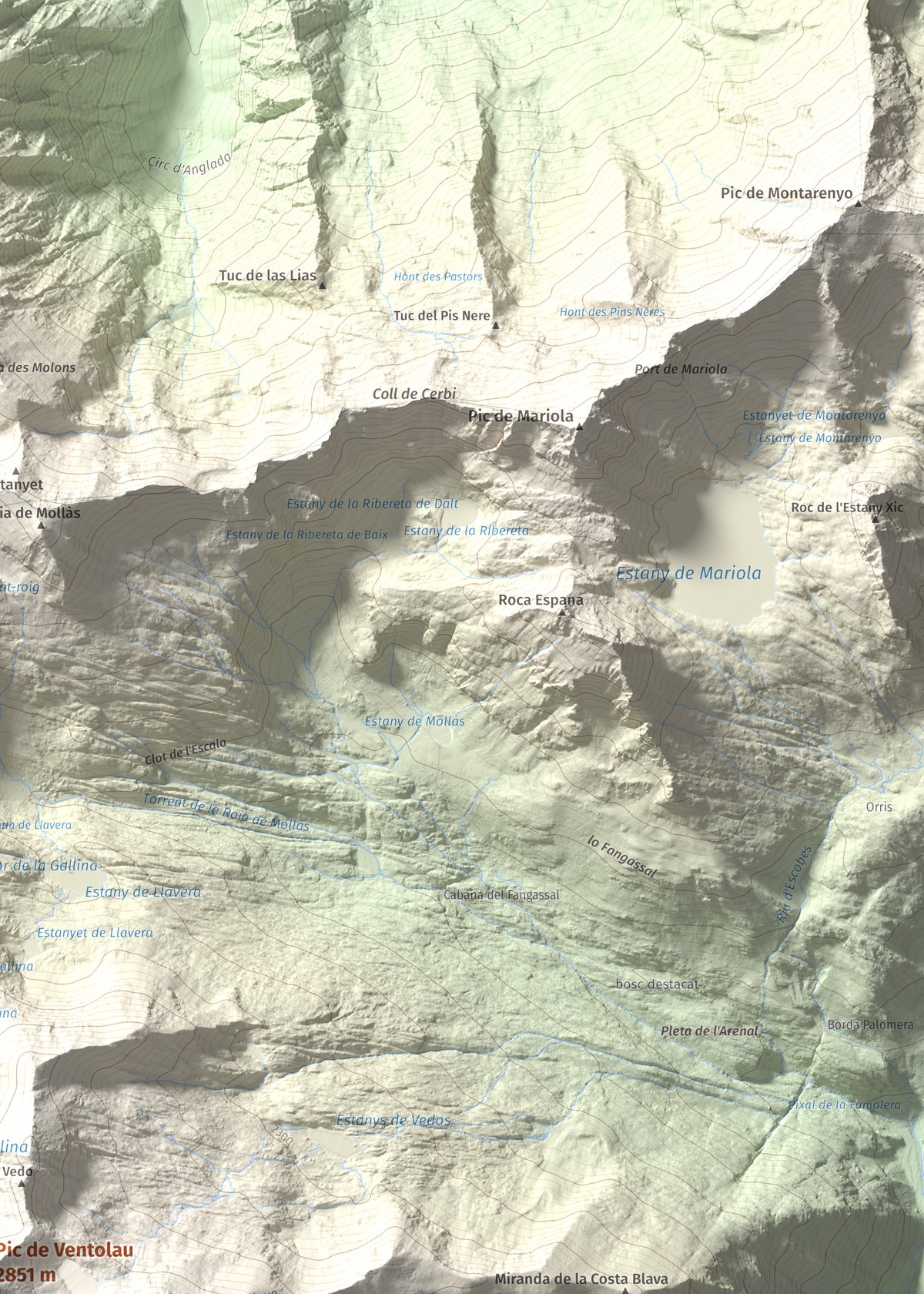 Mapa de relieve de Pic de Ventolau, 2851 m, Pallars Sobirà, lámina 100 Cims de Trobart. Detalle de la zona superior derecha. 50 × 70 cm.