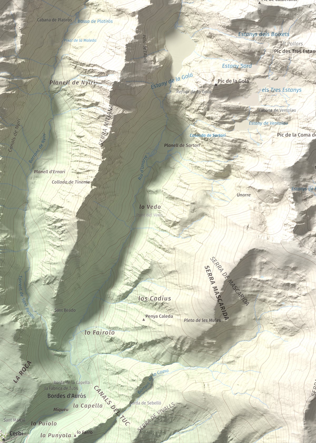 Mapa de relieve de Pic de Ventolau, 2851 m, Pallars Sobirà, lámina 100 Cims de Trobart. Detalle de la zona inferior izquierda. 50 × 70 cm.