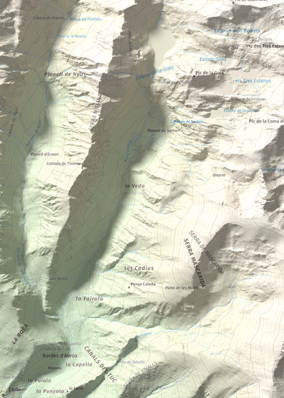 Mapa de relieve de Pic de Ventolau, 2851 m, Pallars Sobirà, lámina 100 Cims de Trobart. Detalle de la zona inferior izquierda. 50 × 70 cm.